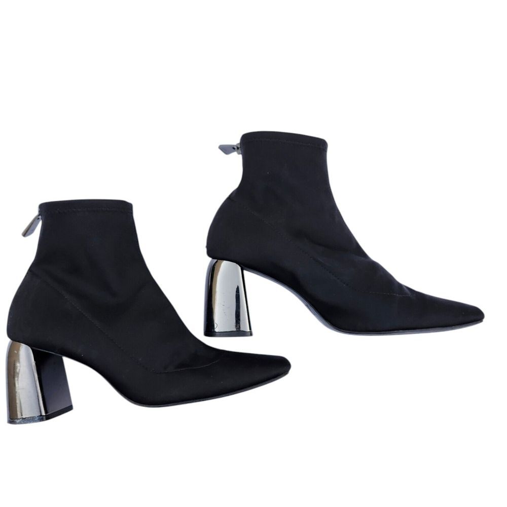 ZARA Mirrored‎ Block Chunky Heel Pull-On  Zip Black Sock Ankle Booties Sz 39/8.5